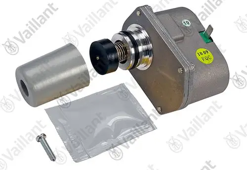 Vaillant Stellantrieb mit Anschlussblock, einem Aluminium-Element und einem Beutel mit Zubehörteilen auf einem neutralen Hintergrund.